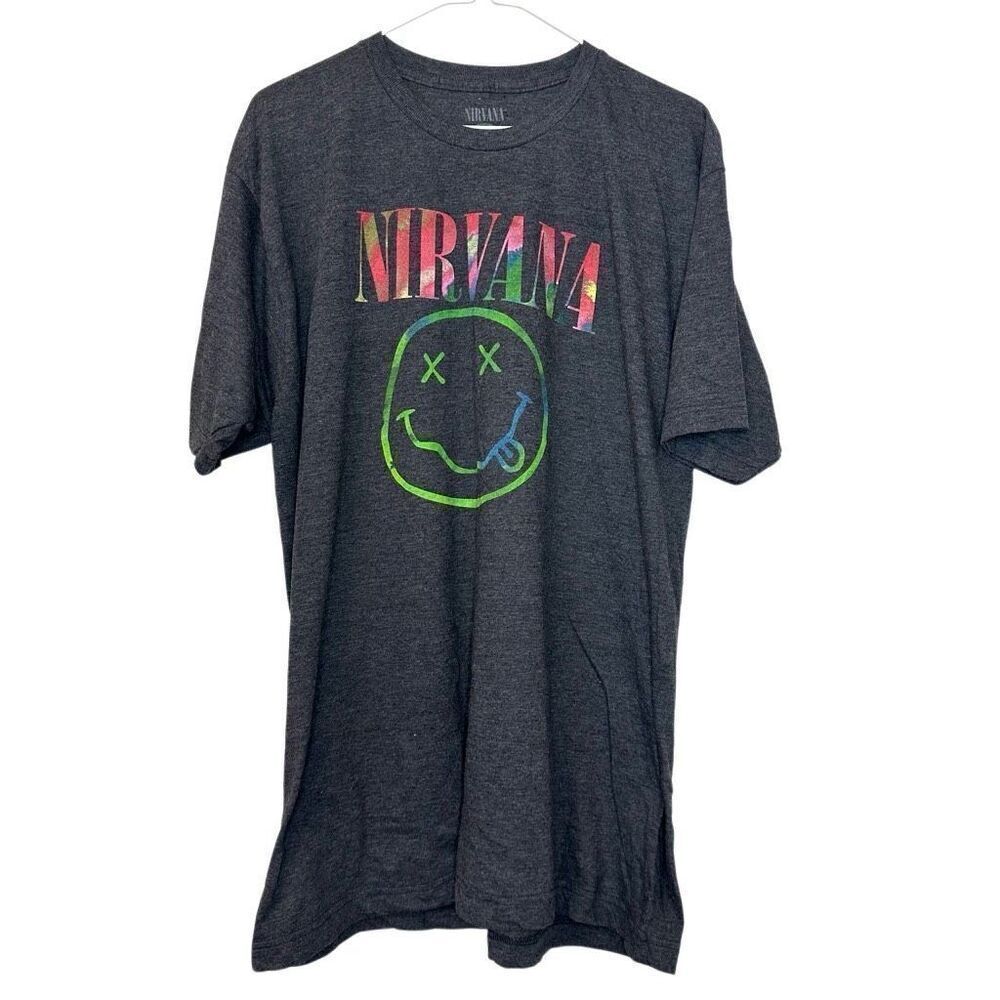 Nirvana Crew Neck Short Sleeve Rainbow Smiley Face Graphic T-shirt Gray XL